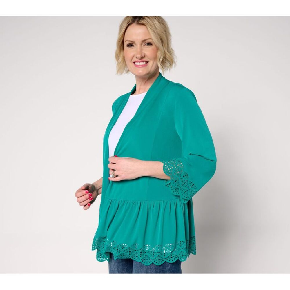 Susan Graver Women's Top Sweater Sz XL Liquid Knit Tiered Laser Cut Green